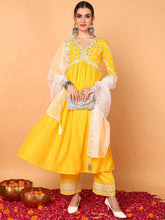 Women Yellow Silk Blend Solid Embroidered Flared Suit Set-PKSKD2117